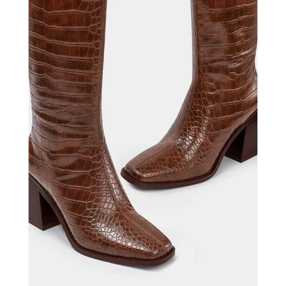 Women Crocodile Brown Polyurethane Knee High Square Toe Block Heel Tall Boots